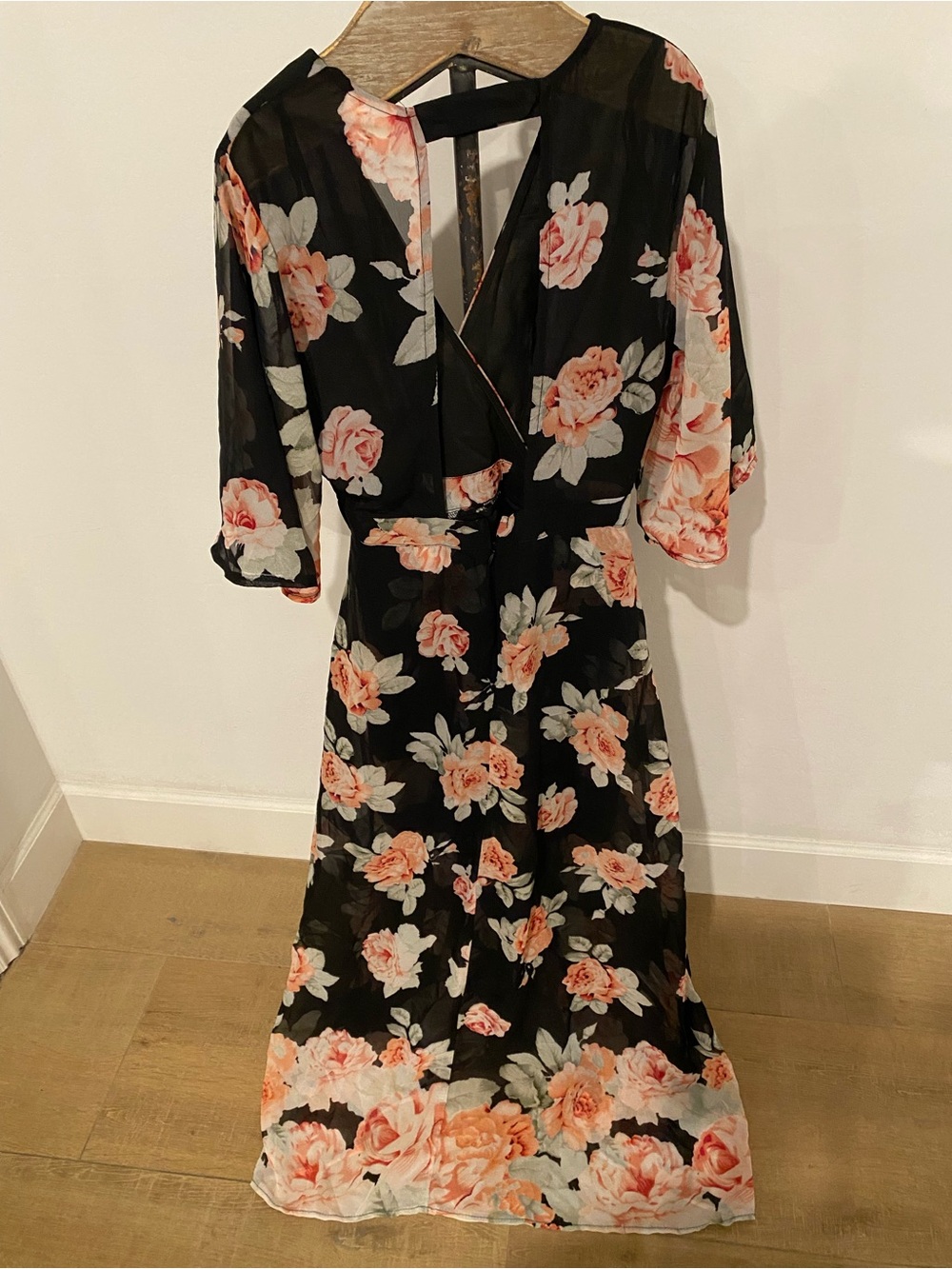 Black Floral Maxi Dress with Peach Rose Print